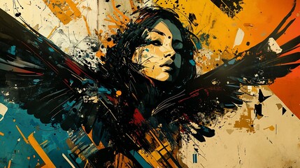 Poster - Abstract art portrait of a woman with dark wings, vibrant colors and paint splatters.