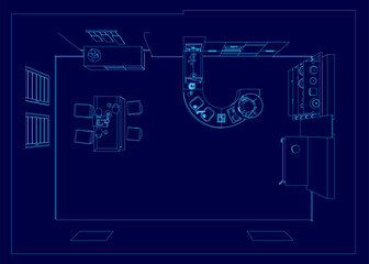 Poster - Blue drawing of a kitchen with a curved counter and a sink. The kitchen is empty and has a modern design