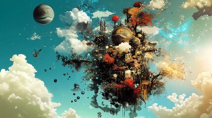 Poster - Surreal floating island city landscape with trees, buildings, and celestial bodies.