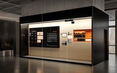 Aufkleber - Modern glass display showcasing technology, screens, and devices in a contemporary office setting.