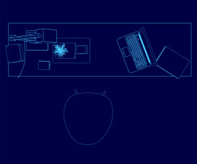 Poster - Blue drawing of a desk with a laptop and a chair. The laptop is open and the chair is empty
