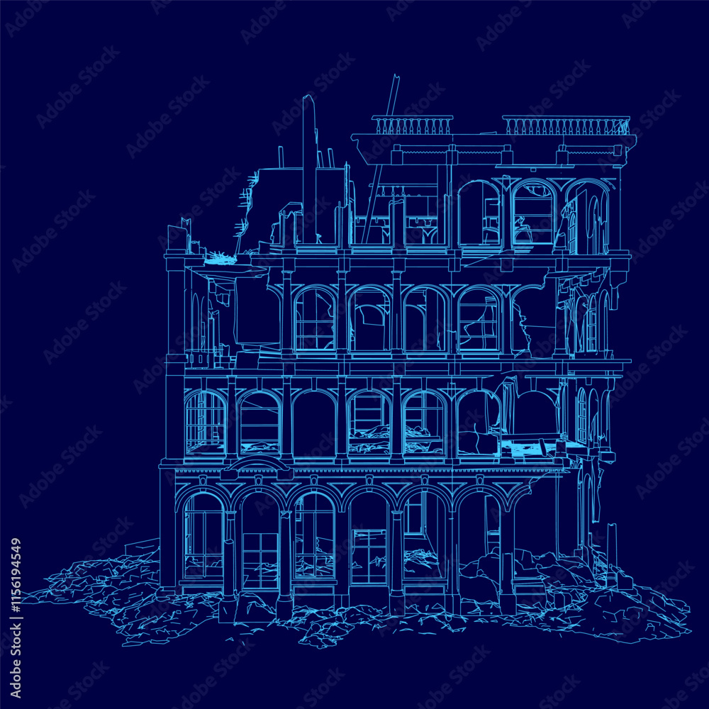 Blue drawing of a building with a lot of windows. The building appears ...