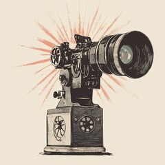 Aufkleber - Vintage movie projector illustration with sunburst effect.