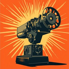 Aufkleber - Vintage movie projector on orange burst background.