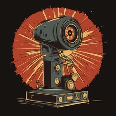 Aufkleber - Retro-futuristic robot with a large eye-like lens, standing on a base with various controls, set against a burst of red and orange light.