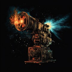Aufkleber - Futuristic steampunk-style camera projecting light and fire in space.