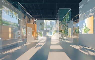 Poster - Modern minimalist indoor exhibition space with glass displays showcasing nature scenes and plants.