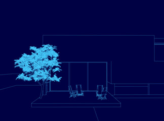 Poster - Blue drawing of a house with a tree in front of it. There are two chairs and a bench in front of the house