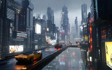 Poster - Futuristic city street with flying cars and neon lights on a rainy day.