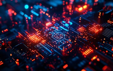 Aufkleber - Abstract digital circuit board with glowing red and blue lines, nodes, and connections.