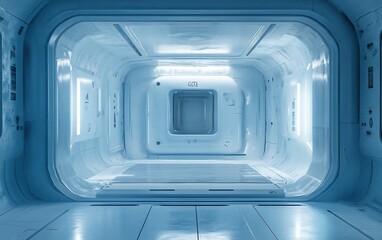 Poster - Futuristic white corridor with glowing lights and sleek design.