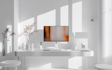 Poster - Minimalist white home office interior with computer, desk, plants, and sunlight.
