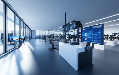 Aufkleber - Modern tech control room with futuristic workstations and city view.
