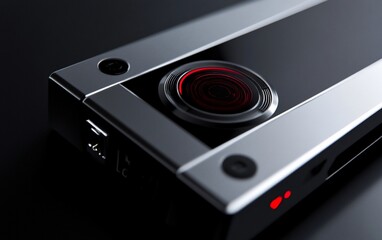 Poster - Close-up of a sleek, silver and black technological device with a red illuminated circular sensor.