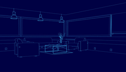 Poster - Blue room with a table and a vase. The room is empty and the vase is the only object in the room