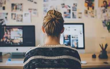 Aufkleber - Woman works at desk with two computers, surrounded by inspirational images on wall.