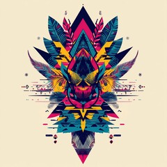 Poster - Vibrant geometric floral design with symmetrical feathers and leaf patterns in bold colors.
