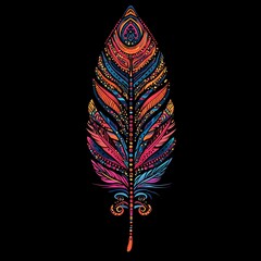 Poster - Ornate colorful feather design on black background.