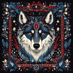 Poster - Ornate floral frame surrounding a majestic wolf's head.