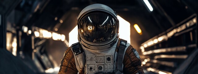 Poster - Astronaut in a dark spaceship, illuminated by warm light.