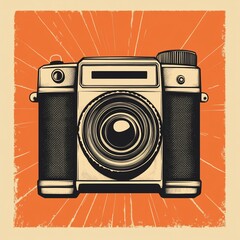 Aufkleber - Vintage camera illustration on orange burst background.