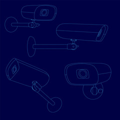 Fototapete - Series of blue drawings of security cameras. The drawings are all different sizes and angles, but they all have the same basic shape. Scene is somewhat ominous