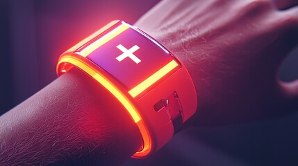 Poster - Futuristic medical wristband with glowing plus sign.