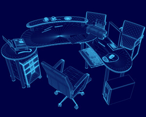 Poster - Blue computer desk with a chair and a keyboard. The desk is surrounded by a computer monitor, a mouse, and a laptop