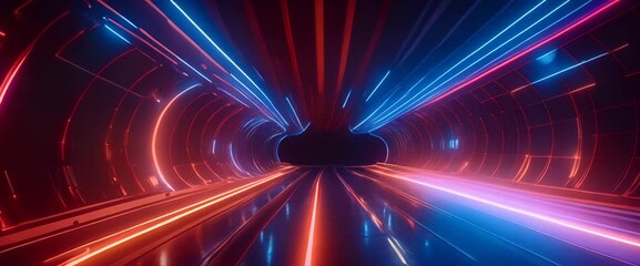 Wall Mural - Futuristic digital tunnel with streaks of blue and orange light leading towards a bright horizon symbolizing high speed data transfer and advanced technology horizontal video animation 4K