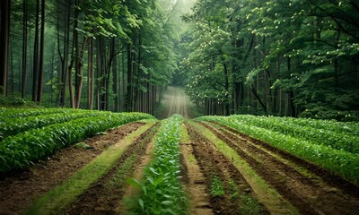 Wall Mural - Sunlight filtering through dense forest onto cultivated field
