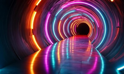 Wall Mural - A vibrant, illuminated tunnel with colorful neon lights creating a dynamic atmosphere.