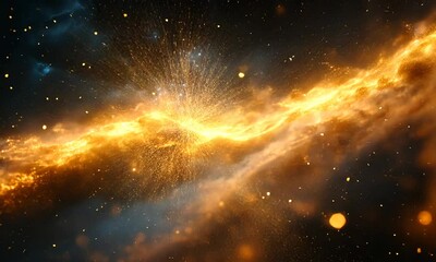 Wall Mural - A mesmerizing cosmic scene filled with glowing particles and a golden galactic trail.