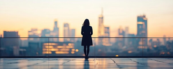 Poster - Businesswoman stand idea. Silhouette of a woman overlooking a city skyline during sunset.