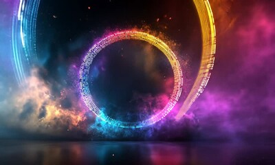 Wall Mural - A vibrant digital circle surrounded by colorful cosmic elements and glowing particles.