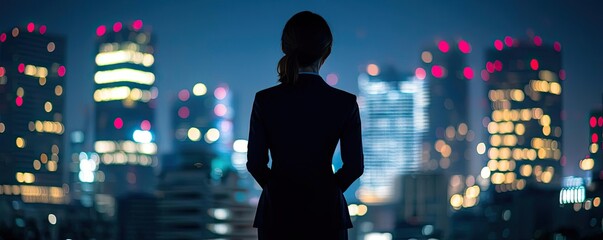 Poster - Businesswoman stand idea. A silhouette of a professional woman overlooking a vibrant cityscape at night.