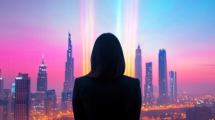 Poster - Businesswoman stand idea. A silhouette of a person gazing at a vibrant city skyline at sunset.
