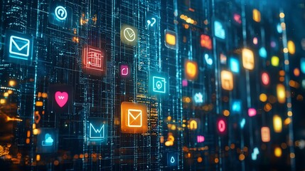 Poster - Glowing digital icons on a dark tech background.