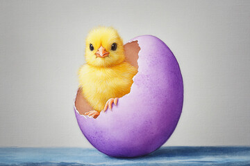 Cute Yellow Chick in Purple Egg Shell Watercolor Painting