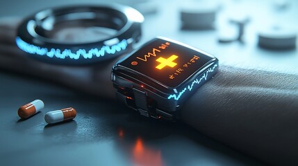 Aufkleber - Futuristic smartwatch displaying health data, pills nearby.