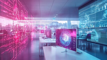 Poster - Modern office with futuristic digital displays showing data and code.