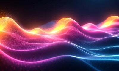 Wall Mural - A vibrant, abstract landscape of glowing waves in pink and blue hues with sparkling particles.