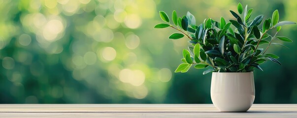 Wall Mural - Blurred bokeh concept. A beautiful potted plant on a wooden table with a blurred green background.