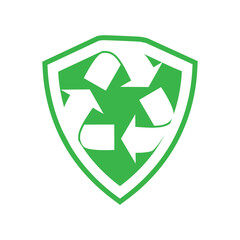 Poster - This is a flat logo design of a recycle arrow icon inside a shield in green and white color