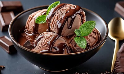 Wall Mural - Brown chocolate ice cream with mint leaves in a black bowl on a table, closeup