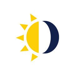 Poster - This is a flat logo design of a half sun in bright yellow and a crescent moon in dark blue symbolizing day and night