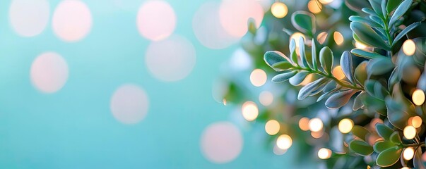 Wall Mural - Blurred bokeh concept. Close-up of vibrant green leaves with soft bokeh lights in the background.