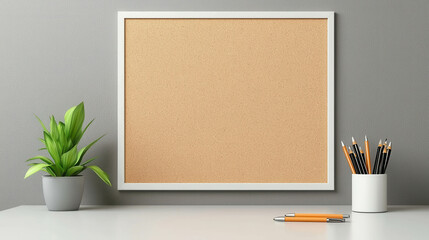 Poster - Minimalist Notice Board in Modern Home Office Setting with Green Plant and Stationery