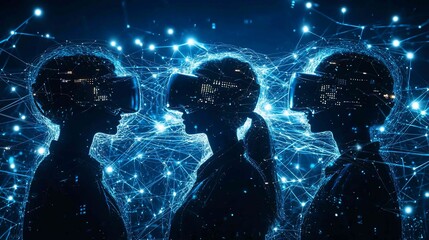 Poster - Three silhouettes wearing VR headsets, interconnected by glowing lines.