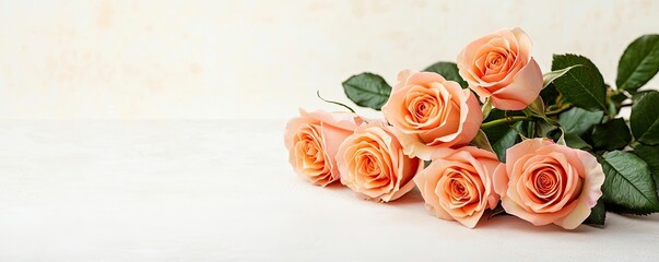 Poster - Minimal floral concept. Elegant peach roses arranged beautifully on a soft background for a serene look.