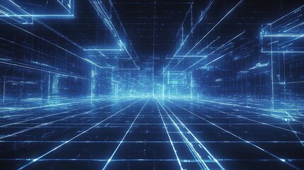 Poster - Futuristic Digital Grid Background in Dark Blue Abstract Design